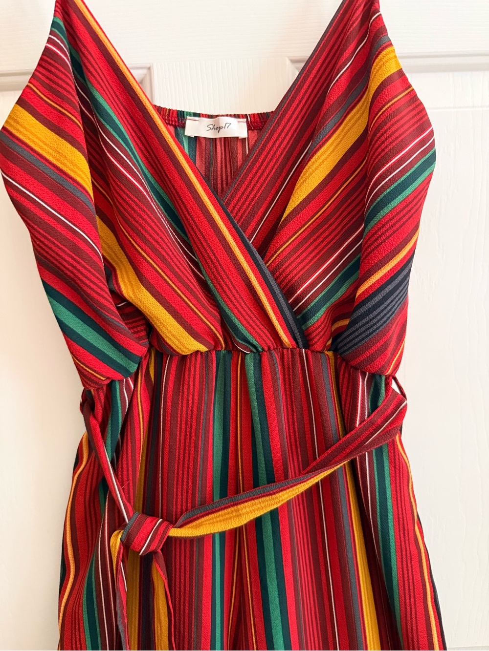 Sleeveless Striped Jumpsuit Elastic Waist Red, Green & Mustard Yellow - Picture 3 of 7